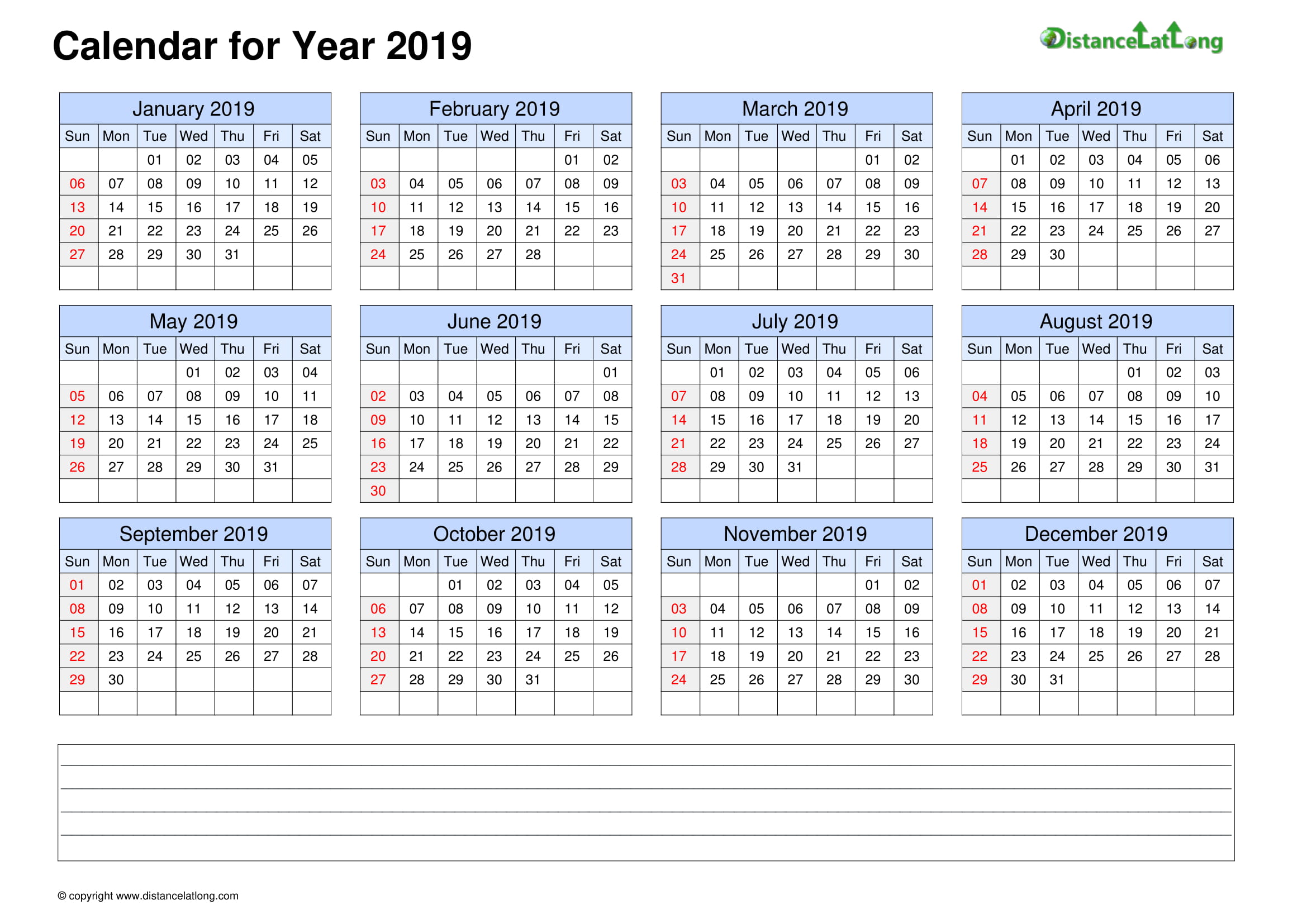 free blank printable calendar template 2019 with note calendar 2019 on ...