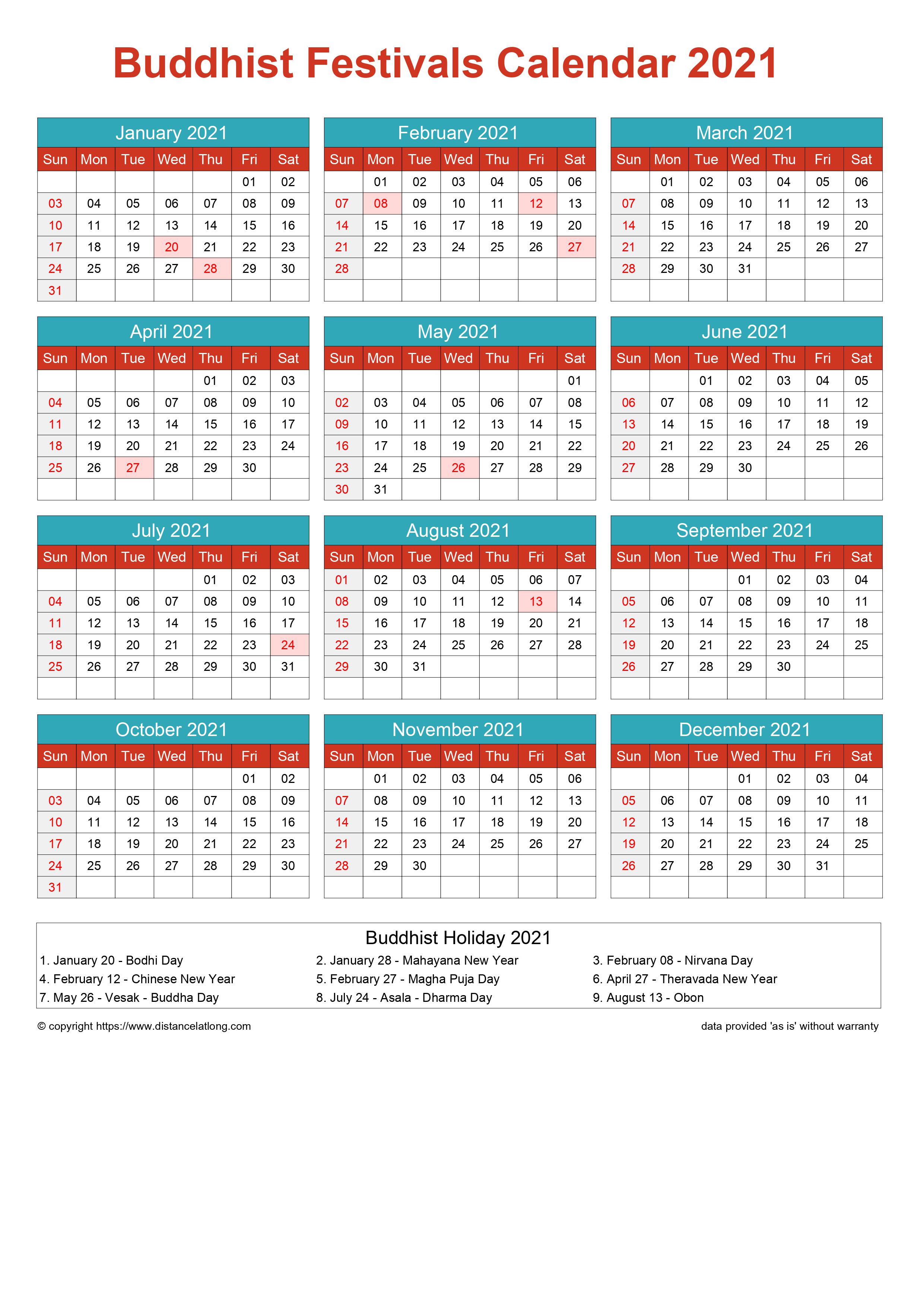 2021 Buddhist Religious Calendar Buddhistreligiousportrait Orientation Free Printable Templates - Free Download - Distancelatlong.com