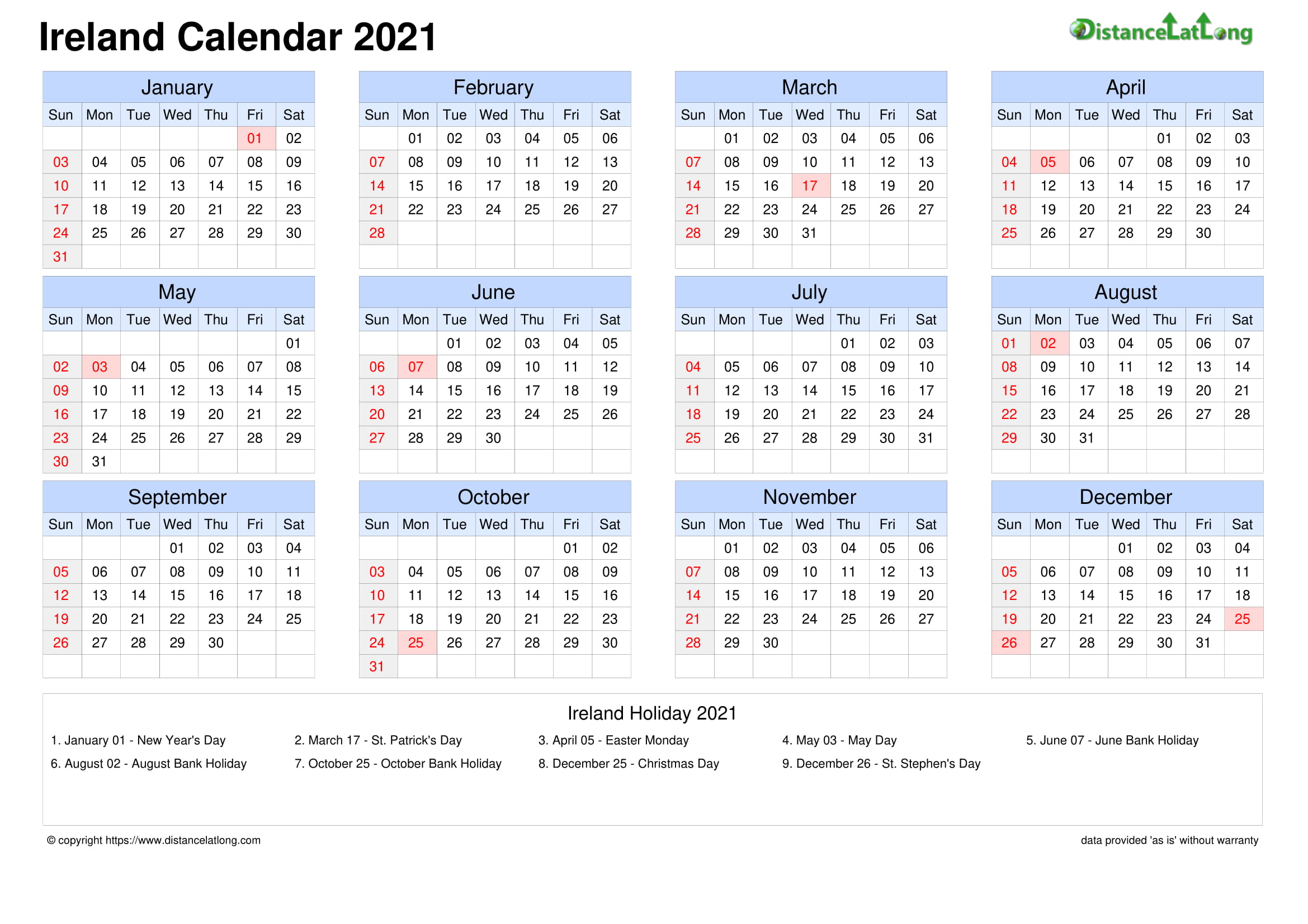 Calendar horizontal grid sunday to saturday bank holiday Ireland A4 ...