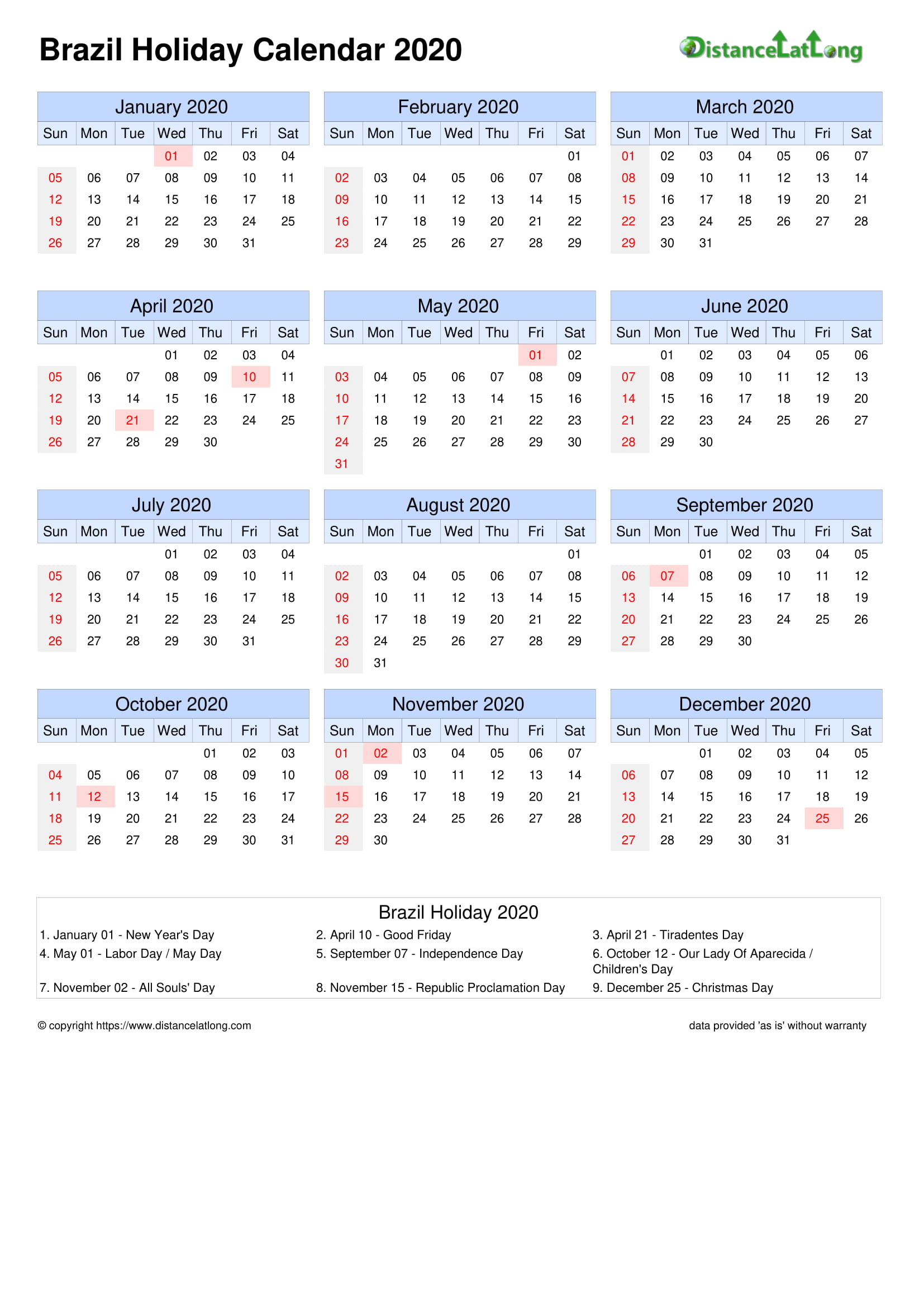 Calendar horizontal month week grid sunday to saturday holiday Brazil 2020