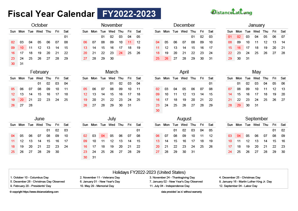 Download Free Printable Fiscal 2023 Monthly Calendar With Unitedstates