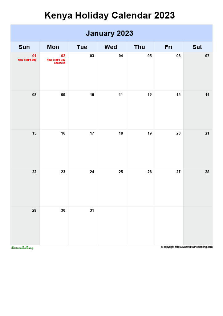 Download Free Printable 2023 Monthly Calendar With Kenya Holidays