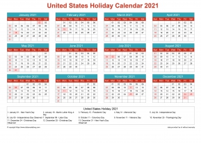 Calendar Horizintal Grid Sun Sat United States Holiday Cheerful Bright Landscape 2021