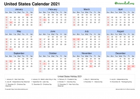 Calendar Horizintal Month Week Grid Sun Sat Federal Holiday United States Landscape 2021