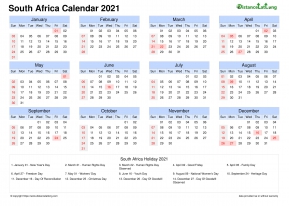 Calendar Horizintal Month Week Grid Sun Sat Public Holiday South Africa Landscape 2021
