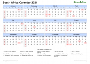 Calendar Horizintal Tbl Outer Border Sun Sat Public Holiday South Africa Landscape 2021