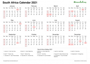 Calendar Horizintal Week Covered Line Grid Sun Sat Public Holiday South Africa Landscape 2021