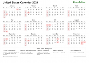 Calendar Horizintal Week Underline Sun Sat Federal Holiday United States Landscape 2021