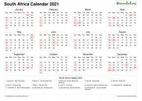 Calendar Horizintal Week Underline Sun Sat Public Holiday South Africa Landscape 2021