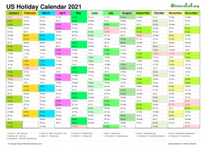 Calendar Vertical Month Column With Us Holiday Multi Color 2021