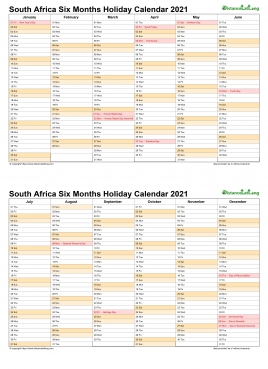Calendar Vertical Six Months South Africa Holiday 2021 2 Page