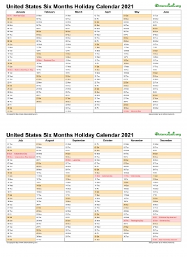 Calendar Vertical Six Months United States Holiday 2021 2 Page